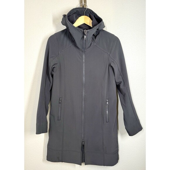 Lululemon Apres Women's Long Gray Softshell Hooded Jacket Full Zip Coat Size 4 - Picture 1 of 16
